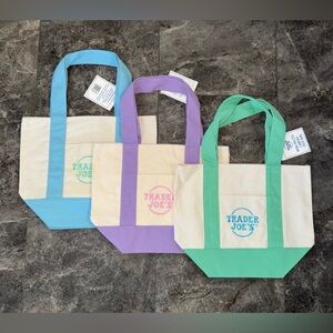 Trader Joe’s 3 Mini Pastel Canvas Tote Bags Blue Green Purple NWT